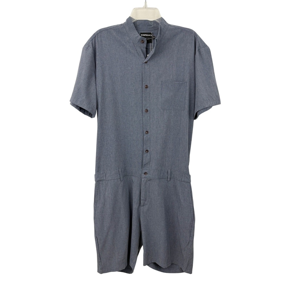 NWT RomperJack Short Sleeve Romper Size XL Blue Mandarin Collar Stretch Casual